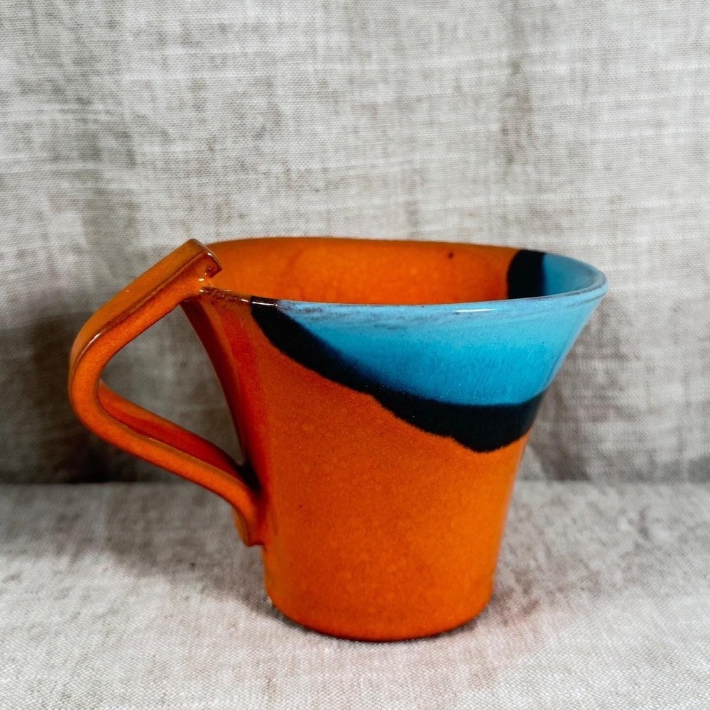 Unbranded Ceramic Mug Unisex Small Orange Blue Good Vintage MCM Art Pottery